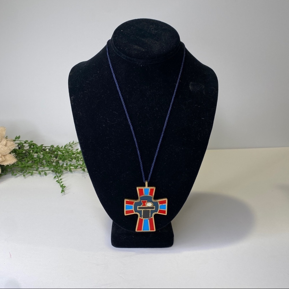 Vintage Terra Sancta Guild Enamel & Metal Eucharist Cross Pendant Necklace